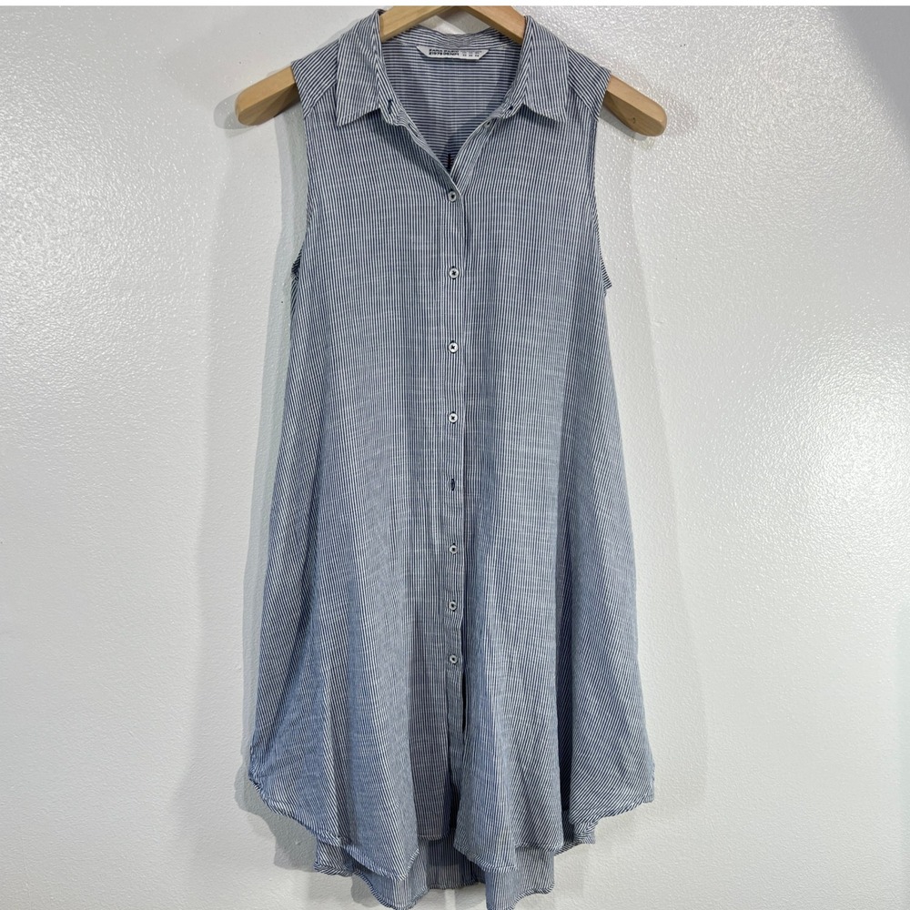 Zara Basic Striped Button Down Tunic Dress Xs Blu… - image 2